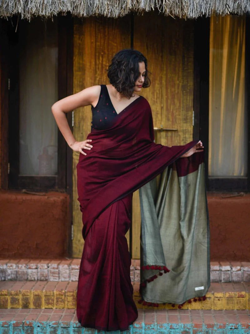 Beetroot & Sage Handwoven Cotton Saree – Minimal Elegance Collection