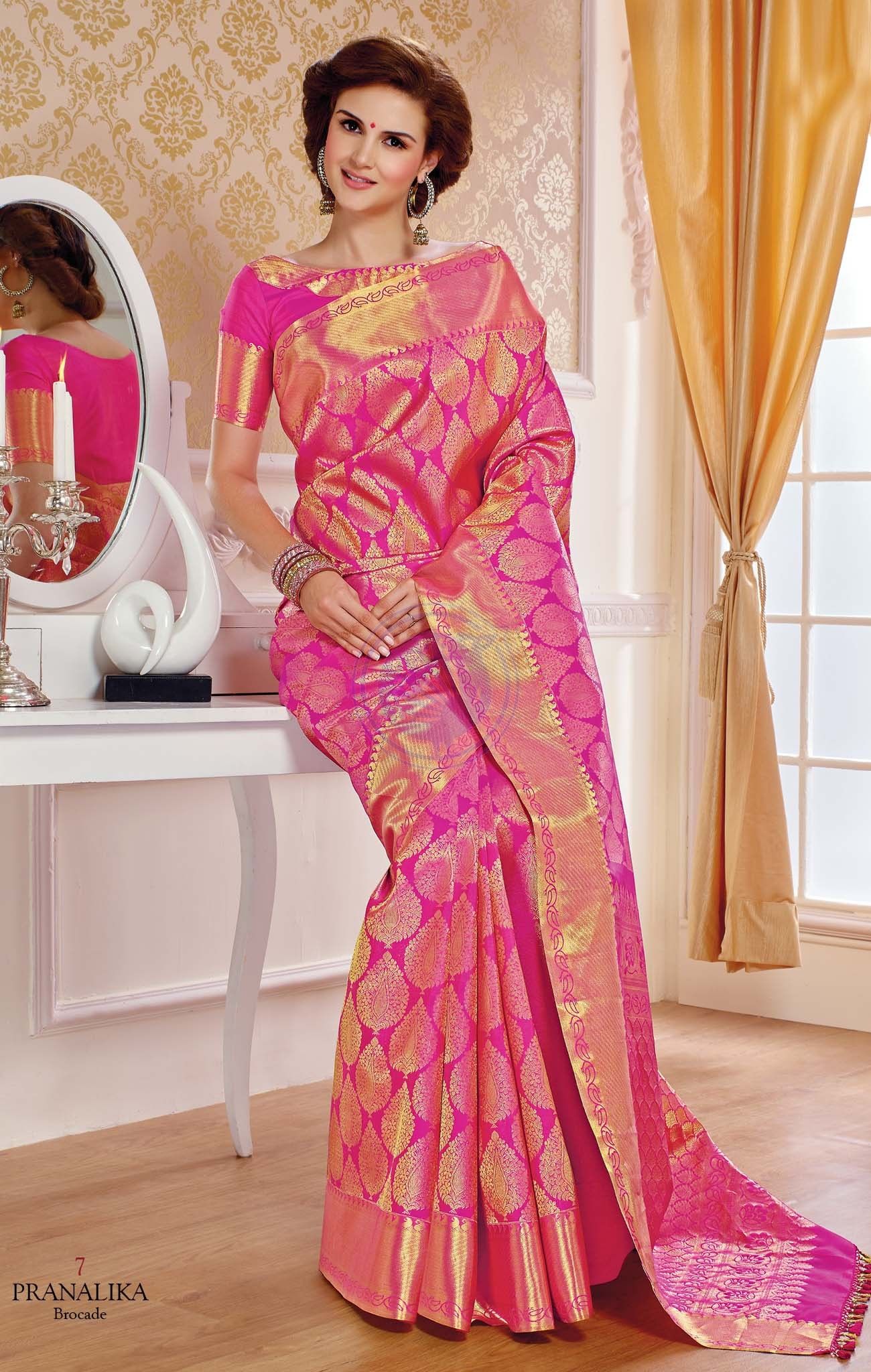 Radiant Pink & Gold Banarasi Silk Saree – Pranalika Brocade Collection