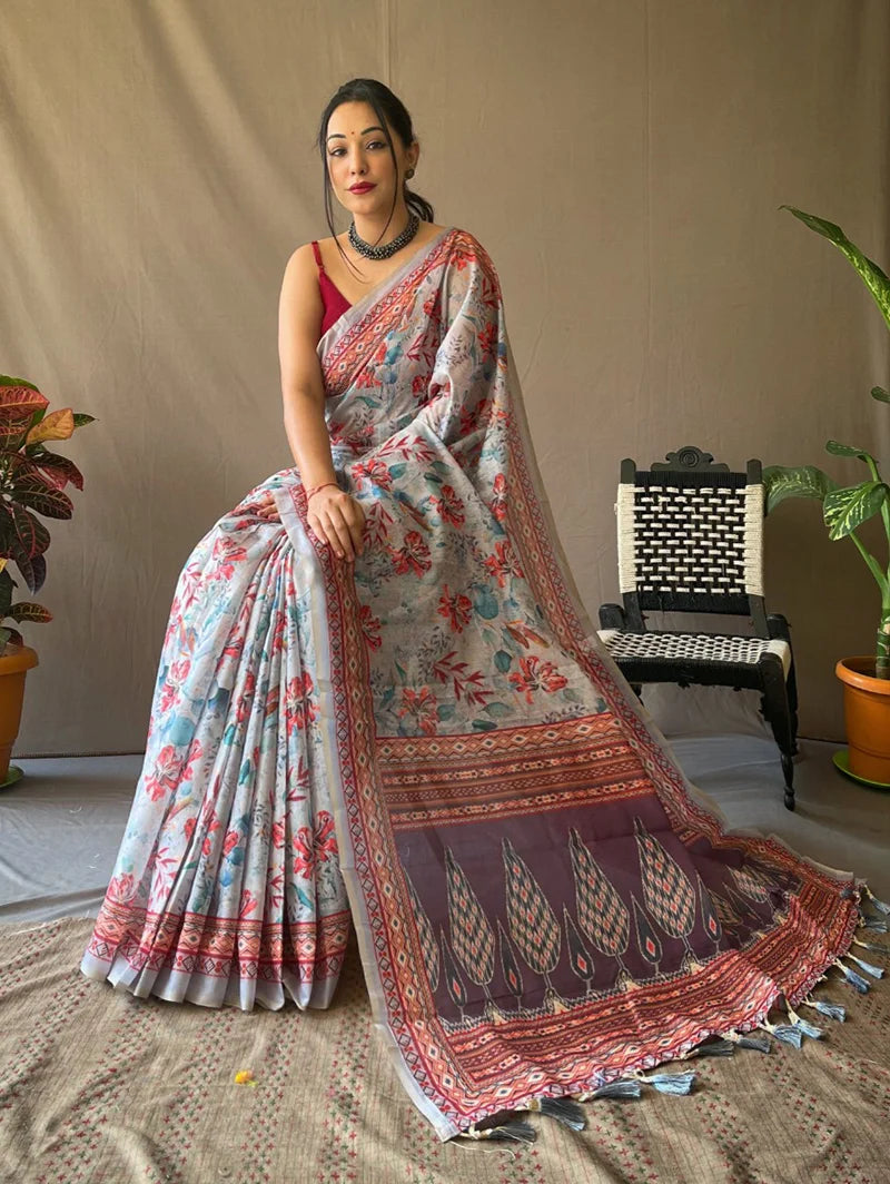 Elegant Floral Printed Cotton Saree with Ajrakh Inspired Border – Soft & Lightweight