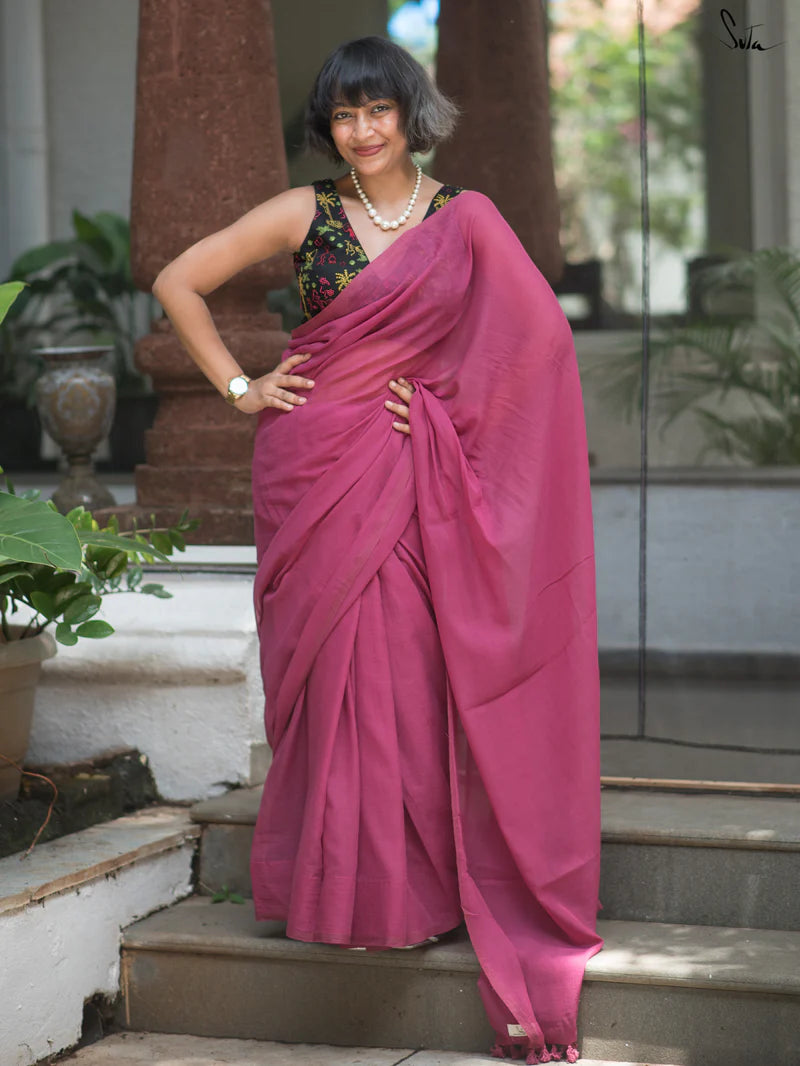 Rosewood Pink Handwoven Cotton Saree – Everyday Elegance Collection
